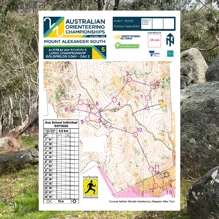 Mt Alexander South orienteering map showing layout graphic design concepts used for the championships. The background is typical bush in the area.