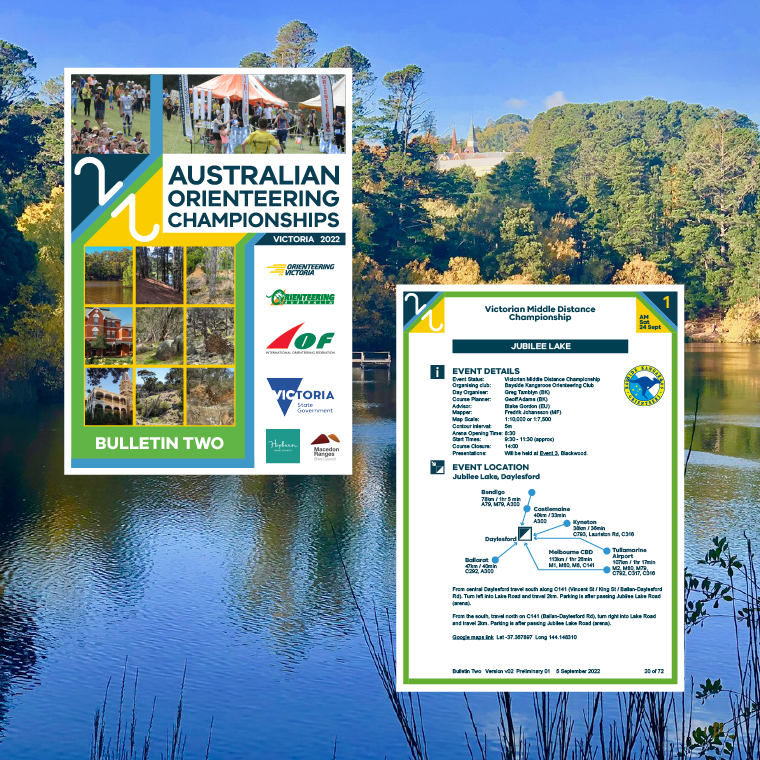 The cover pages and a sample event page from Bulletin for the Australian Orienteering Championships 2022. The background is Lake Daylesford.
