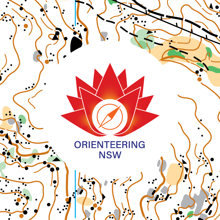 Stuart's logo design for Orienteering NSW over a backgound of an orienteering map.