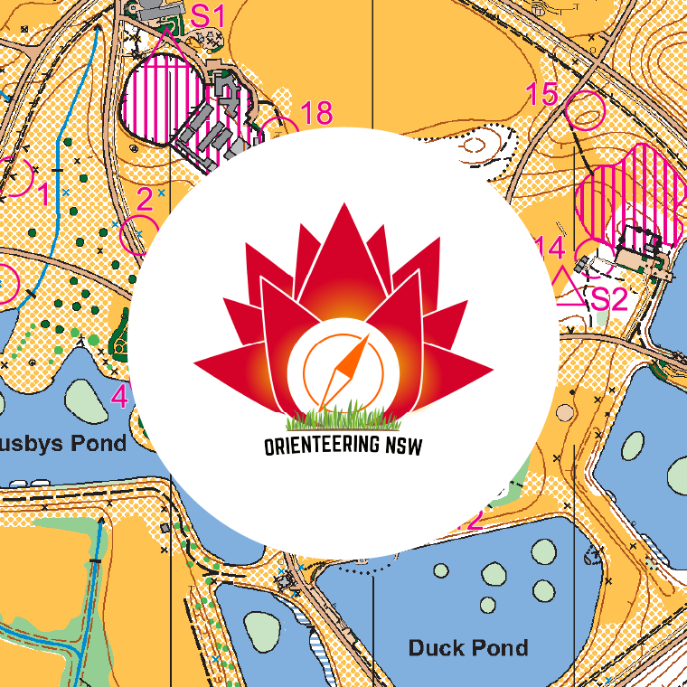 Orienteering NSW's second logo on the background of an orienteering map.