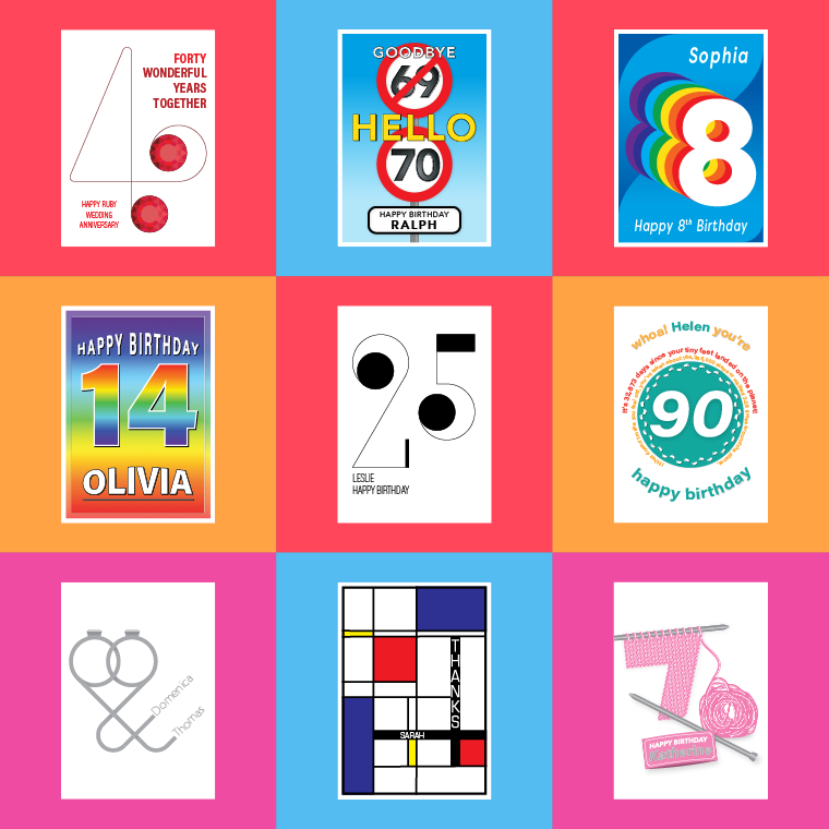 A display of 9 cards on a coloured background