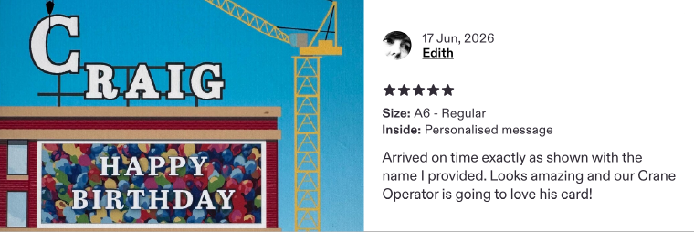 Photo from a customer of the card personalised for Craig. Her feed reads "Arrived on time exactly as shown with the name I provided. Looks amazing and our Crane Operator is going to love his card!