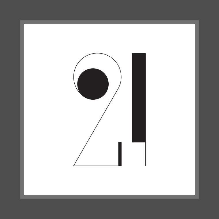 minimalist 21 formed by fine lines linking a solid black circle and rectangles.
