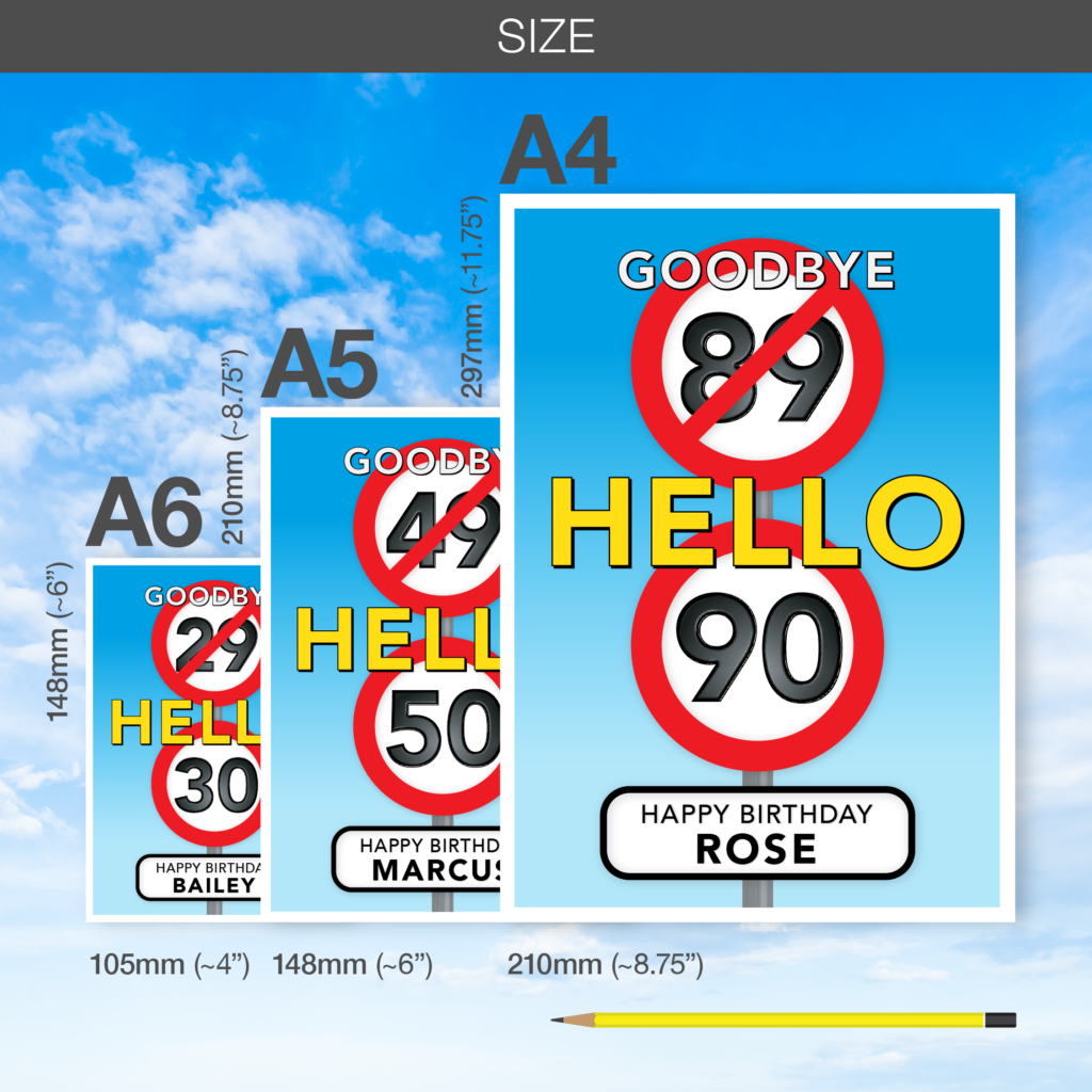 Shows a comparison between A6 -regular, A5 - Large and A4 giant card sizes.