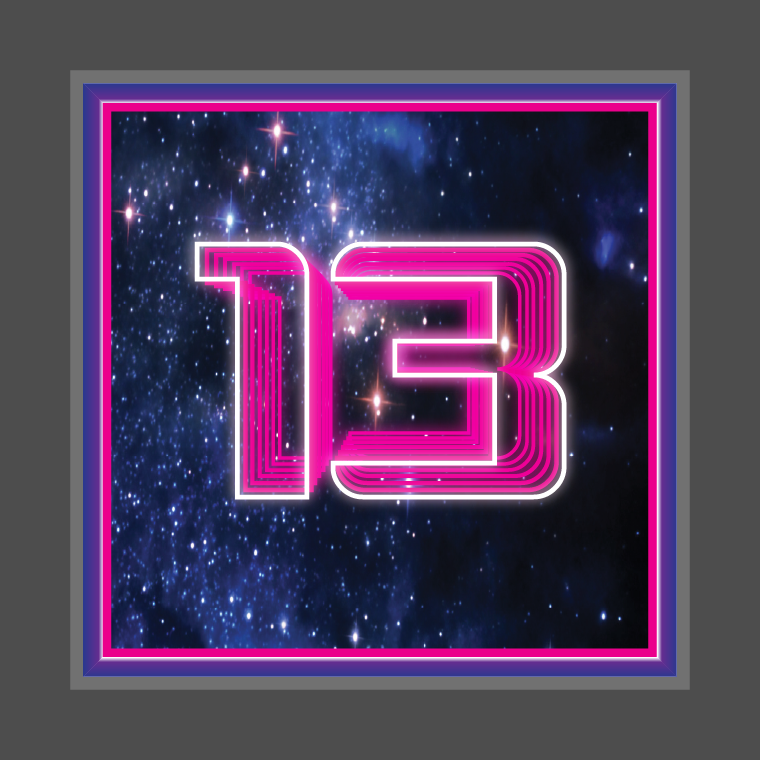 Synthwave concept shows a 13 tapering into a space like background.